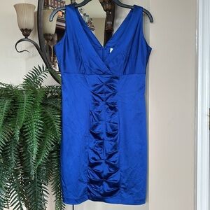 Brand New Calvin Klein Blue Taffeta Sheath Dress Cocktail Sleeveless V-Neck Ruch